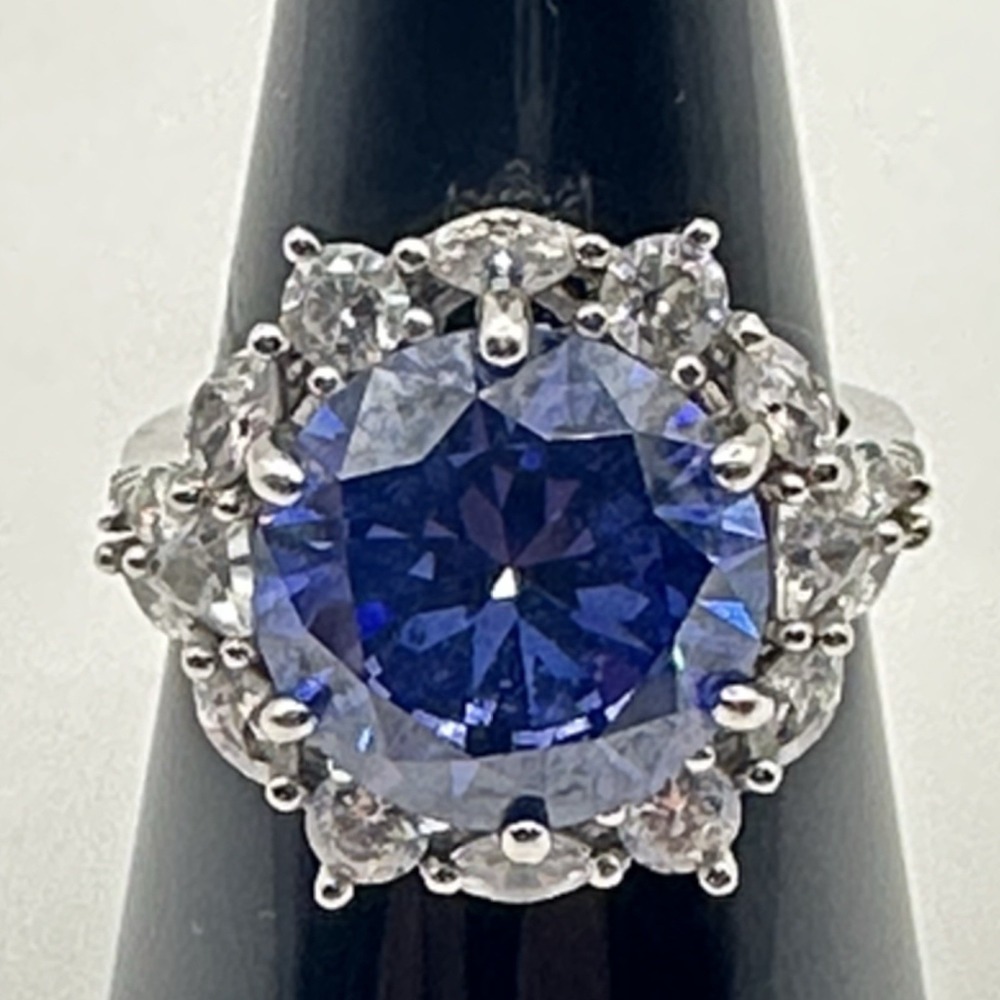 Sterling Silver Blue Tanzanite Blue Color Halo Ring CZ Accents Size 8 7.68g